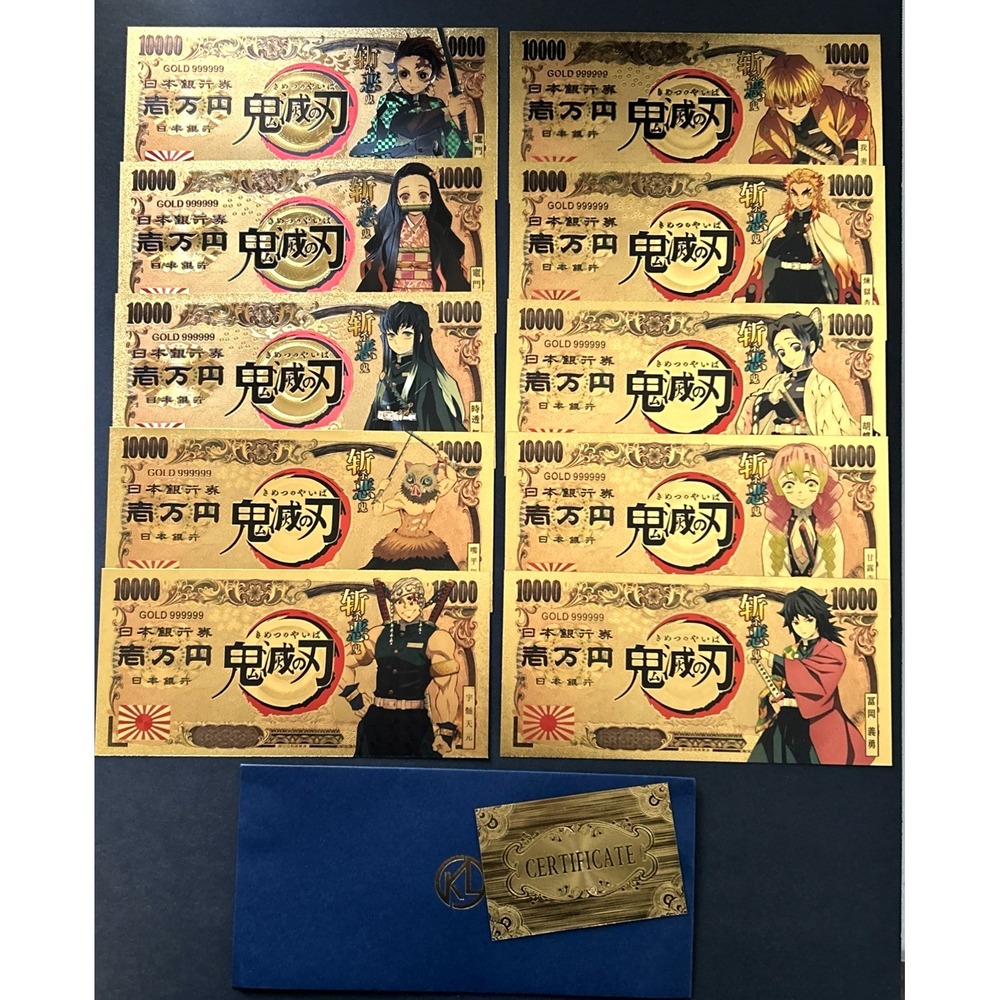 24k Gold Foil Plated Demon Slayer Set Anime Collectible 10 Pcs CoA